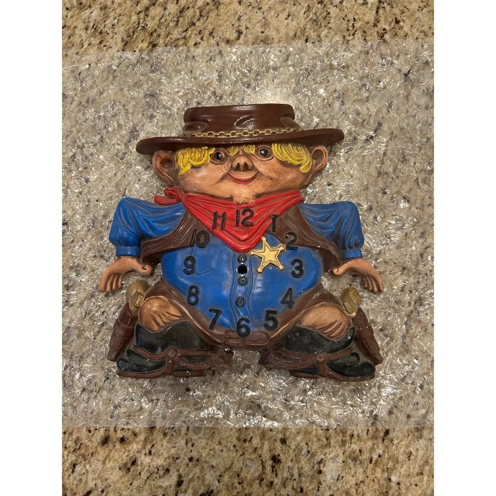 Vintage 1975 Arnel's Ceramic Cowboy Sheriff Clock Face Wall Decor Retro Kitsch